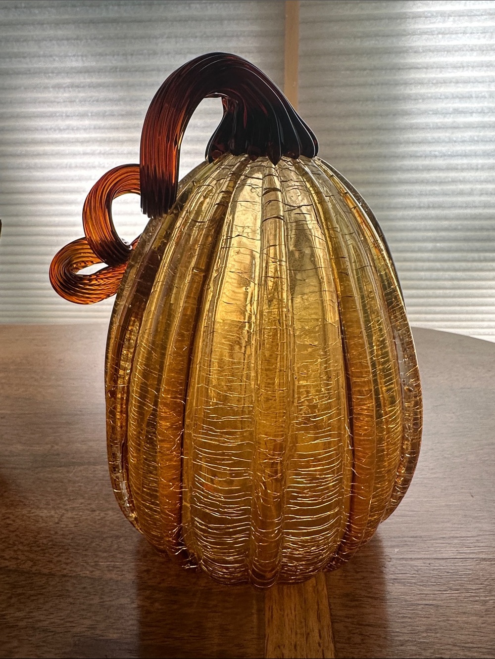 Amber Crackle Tall Glass Pumpkin Applied Twisted Stem 8x5 Fall Decor Sculpture